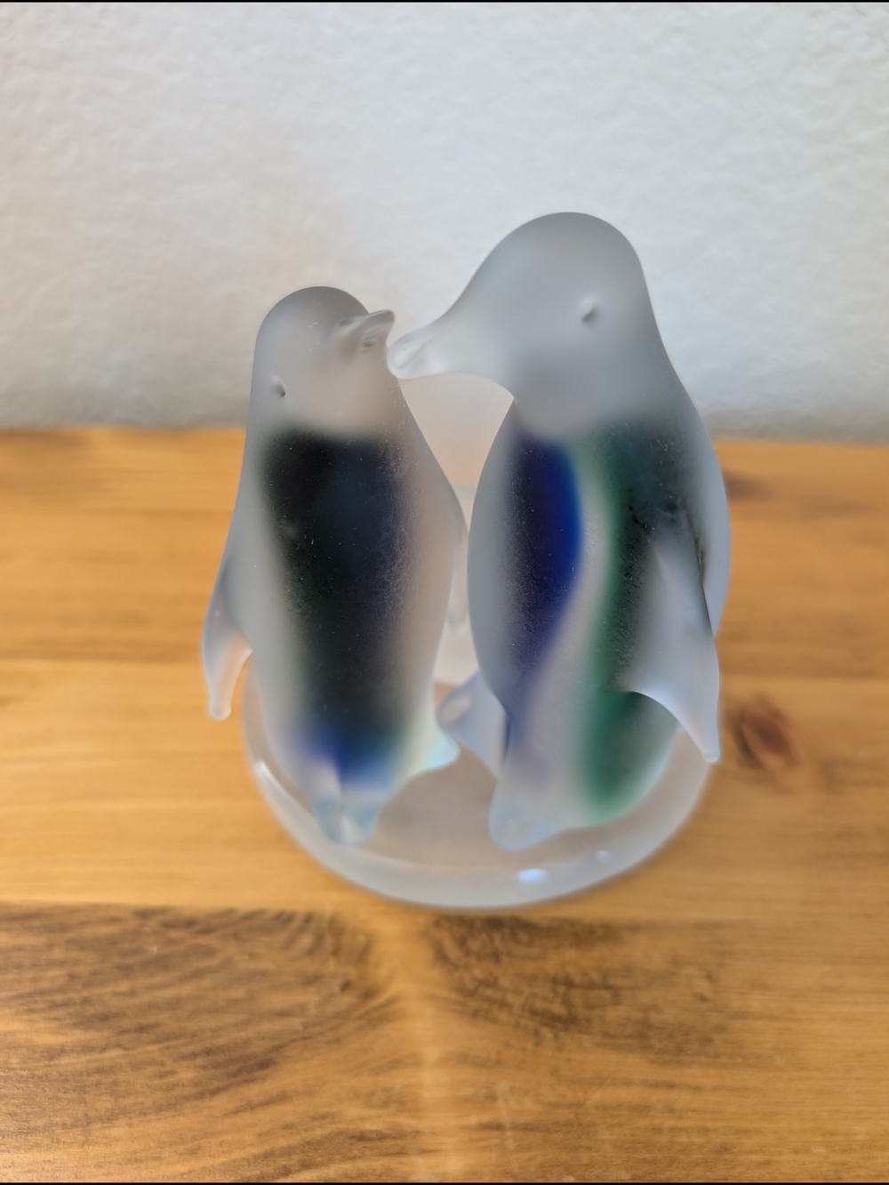Frosted Glass Penguin Pair Figurine with Blue & Green Accents